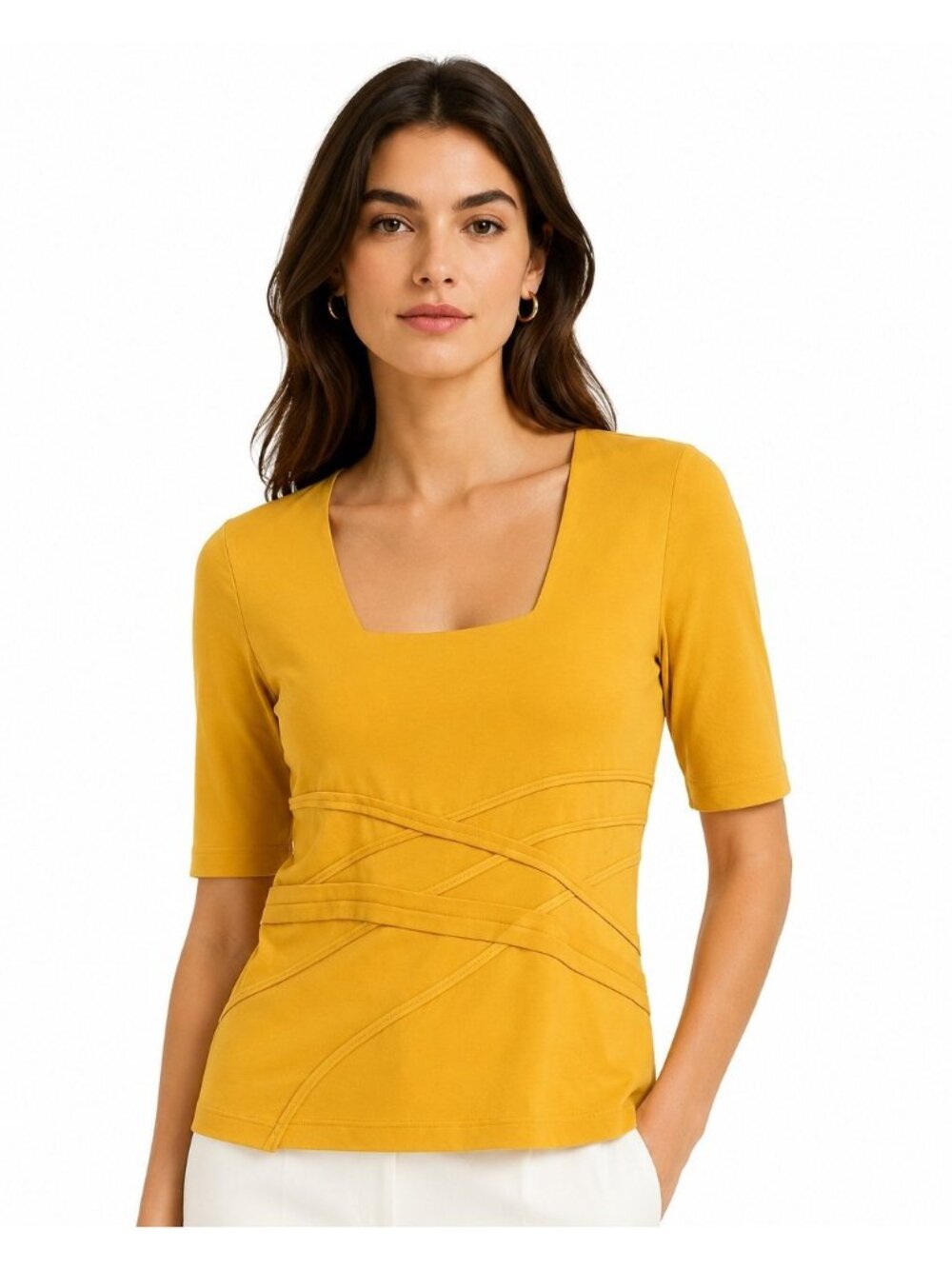 Akris NWT Cotton Stretch Top Womens 8 Mustard Yellow Square Neck Quiet Luxury